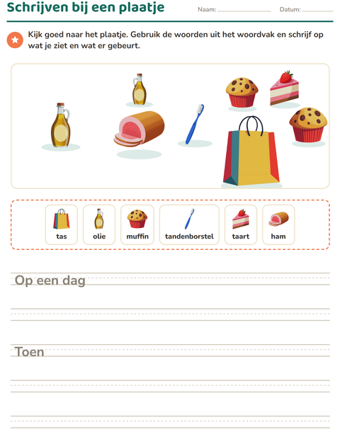 Voorbeeld van het Schrijven bij een plaatje-werkblad met In de supermarkt voor groep 4