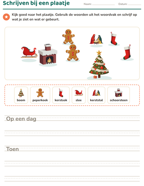 Voorbeeld van het Schrijven bij een plaatje-werkblad met Kerstmis voor groep 4