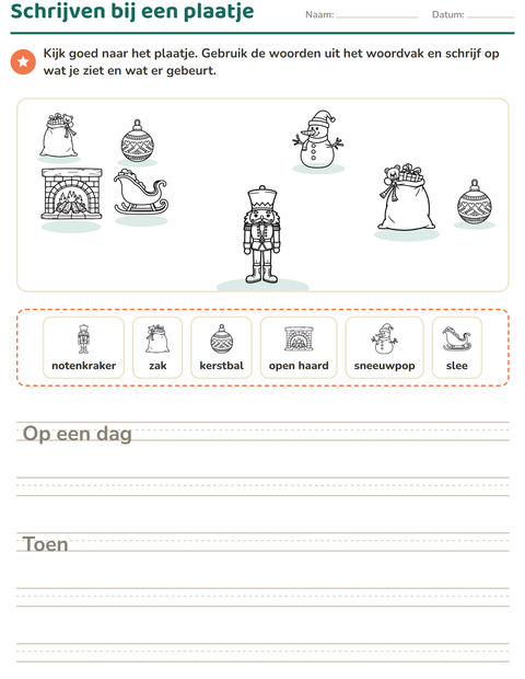 Voorbeeld van het Schrijven bij een plaatje-werkblad met Kerstmis Z/W 2 voor groep 4