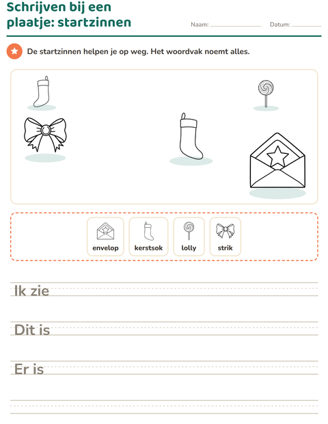 Voorbeeld van het Schrijven bij een plaatje-werkblad met Kerstmis Z/W voor groep 4