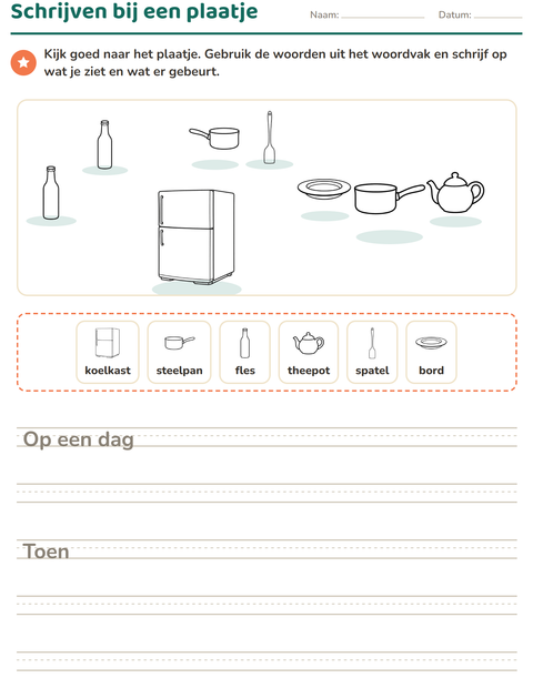 Voorbeeld van het Schrijven bij een plaatje-werkblad met Keuken ZW voor groep 4