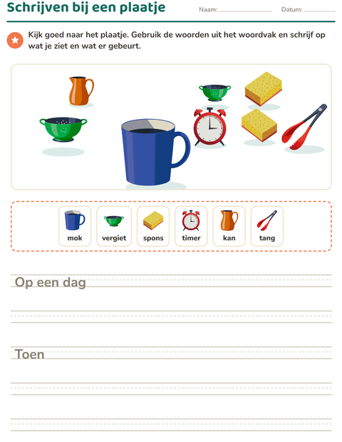 Voorbeeld van het Schrijven bij een plaatje-werkblad met Keukengerei voor groep 4