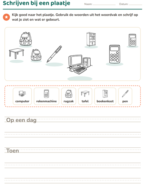 Voorbeeld van het Schrijven bij een plaatje-werkblad met Klaslokaal 2 (Z/W) voor groep 4