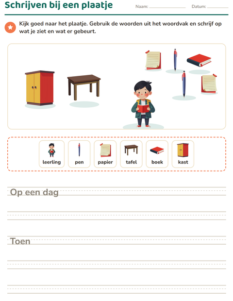 Voorbeeld van het Schrijven bij een plaatje-werkblad met Klaslokaal voor groep 4