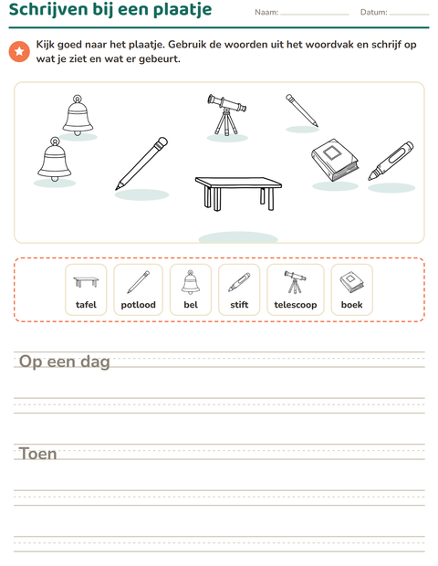 Voorbeeld van het Schrijven bij een plaatje-werkblad met Klaslokaal (Z/W) voor groep 4
