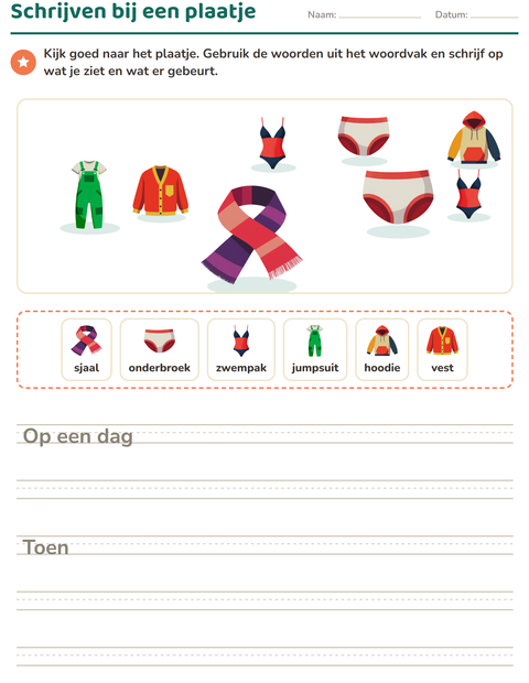 Voorbeeld van het Schrijven bij een plaatje-werkblad met Kleding voor groep 4