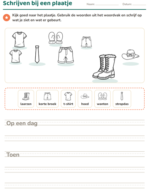 Voorbeeld van het Schrijven bij een plaatje-werkblad met Kleding ZW voor groep 4