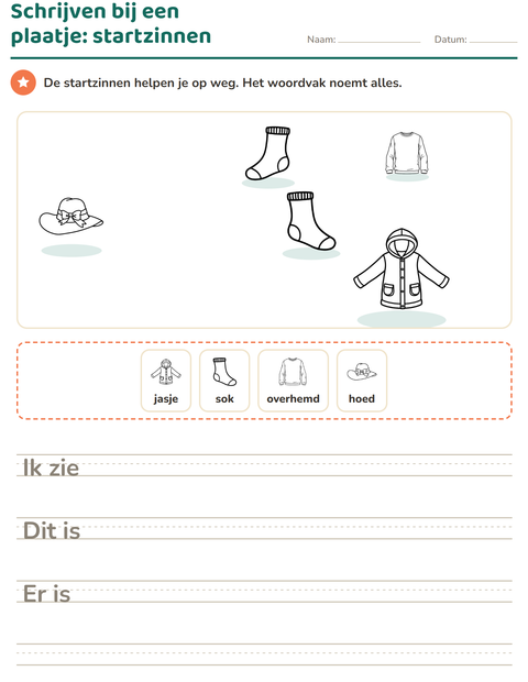 Voorbeeld van het Schrijven bij een plaatje-werkblad met Kleding ZW voor groep 4