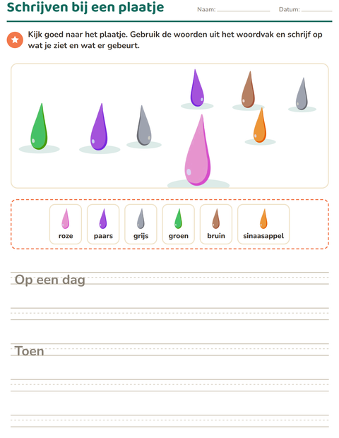 Voorbeeld van het Schrijven bij een plaatje-werkblad met Kleuren voor groep 4