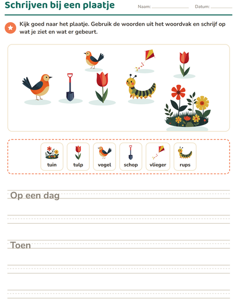 Voorbeeld van het Schrijven bij een plaatje-werkblad met Lente voor groep 4