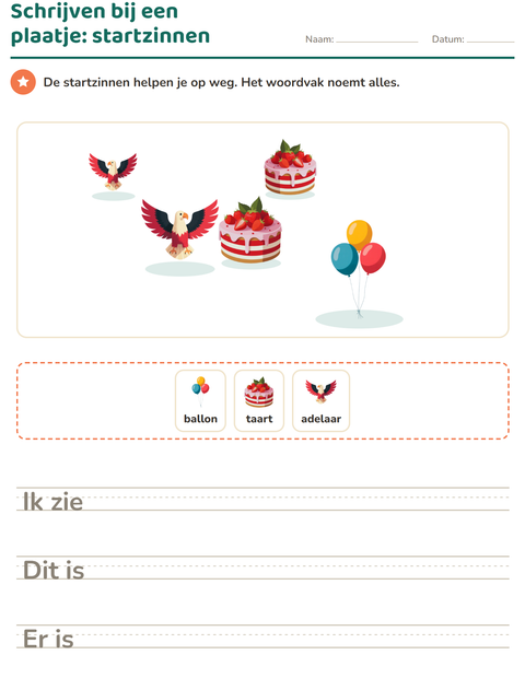 Voorbeeld van het Schrijven bij een plaatje-werkblad met 4 juli voor groep 4