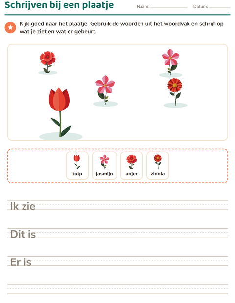 Voorbeeld van het Schrijven bij een plaatje-werkblad met Bloemen voor groep 4