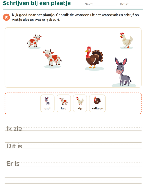 Voorbeeld van het Schrijven bij een plaatje-werkblad met Boerderijdieren voor groep 4