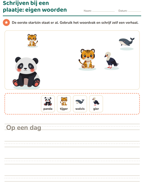 Voorbeeld van het Schrijven bij een plaatje-werkblad met Dieren voor groep 4