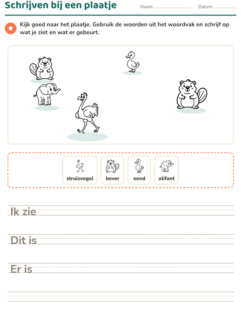 Voorbeeld van het Schrijven bij een plaatje-werkblad met Dieren ZW 4 voor groep 4