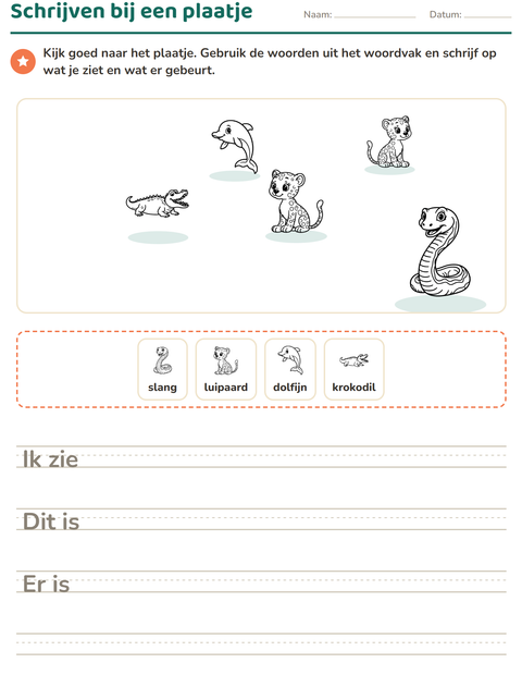 Voorbeeld van het Schrijven bij een plaatje-werkblad met Dieren ZW 5 voor groep 4