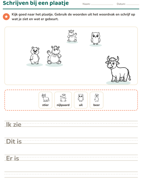 Voorbeeld van het Schrijven bij een plaatje-werkblad met Dieren ZW voor groep 4