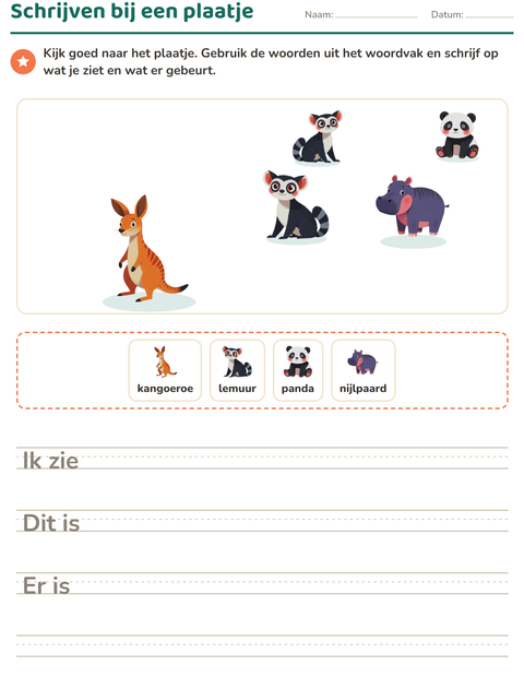 Voorbeeld van het Schrijven bij een plaatje-werkblad met Dierentuindieren voor groep 4