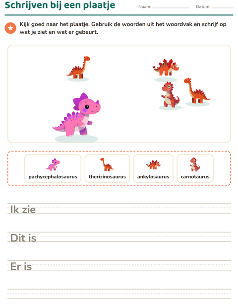 Voorbeeld van het Schrijven bij een plaatje-werkblad met Dinosaurussen voor groep 4