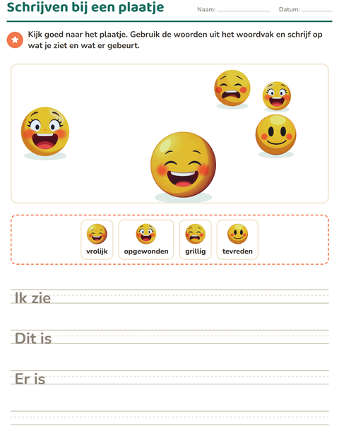 Voorbeeld van het Schrijven bij een plaatje-werkblad met Emoties voor groep 4