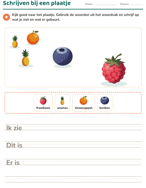 Voorbeeld van het Schrijven bij een plaatje-werkblad met Fruit voor groep 4