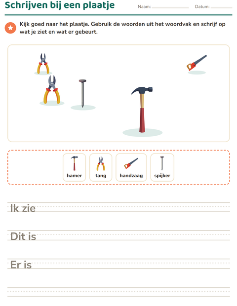 Voorbeeld van het Schrijven bij een plaatje-werkblad met Gereedschap voor groep 4