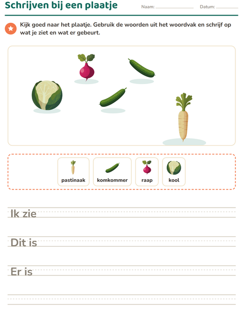 Voorbeeld van het Schrijven bij een plaatje-werkblad met Groenten voor groep 4