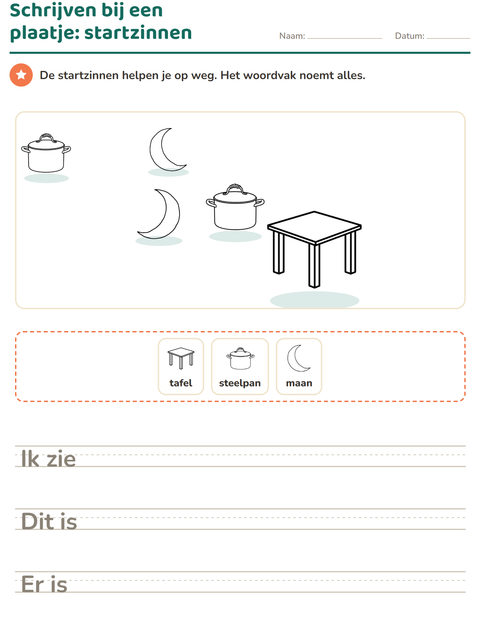 Voorbeeld van het Schrijven bij een plaatje-werkblad met Huis en Natuur ZW voor groep 4