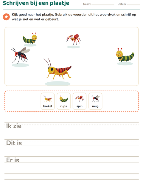 Voorbeeld van het Schrijven bij een plaatje-werkblad met Insecten en beestjes voor groep 4