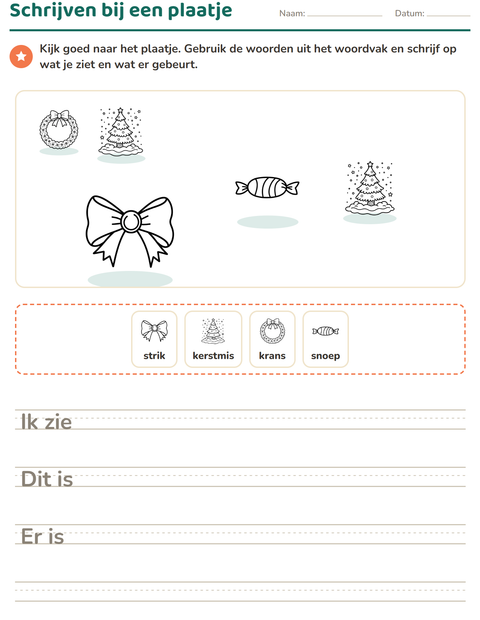 Voorbeeld van het Schrijven bij een plaatje-werkblad met Kerstmis Z/W voor groep 4