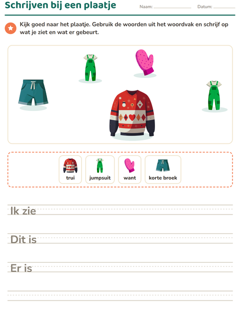 Voorbeeld van het Schrijven bij een plaatje-werkblad met Kleding voor groep 4