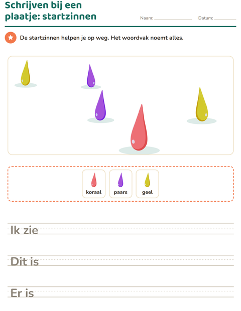 Voorbeeld van het Schrijven bij een plaatje-werkblad met Kleuren voor groep 4
