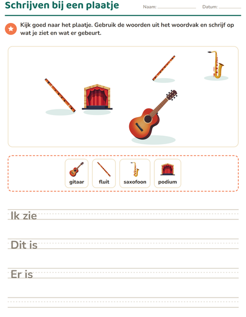 Voorbeeld van het Schrijven bij een plaatje-werkblad met Muziek voor groep 4