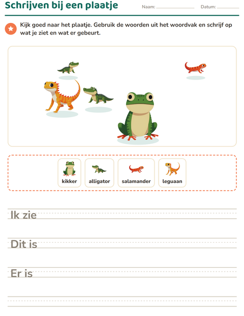 Voorbeeld van het Schrijven bij een plaatje-werkblad met Reptielen en amfibieën voor groep 4