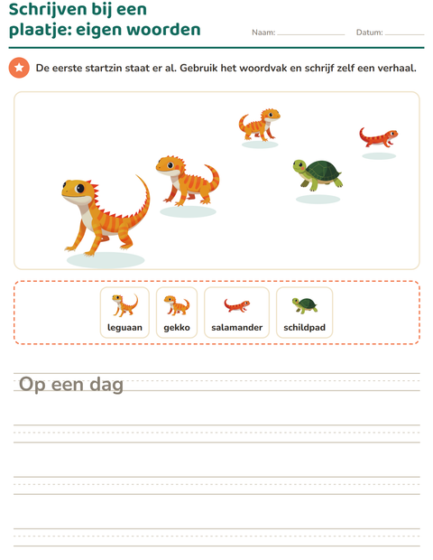 Voorbeeld van het Schrijven bij een plaatje-werkblad met Reptielen en amfibieën voor groep 4