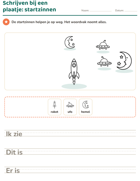 Voorbeeld van het Schrijven bij een plaatje-werkblad met Ruimte ZW voor groep 4