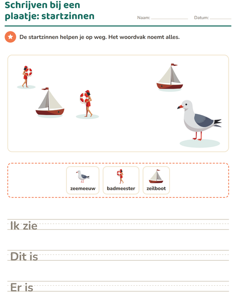 Voorbeeld van het Schrijven bij een plaatje-werkblad met Strand voor groep 4