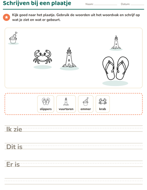 Voorbeeld van het Schrijven bij een plaatje-werkblad met Strand ZW voor groep 4