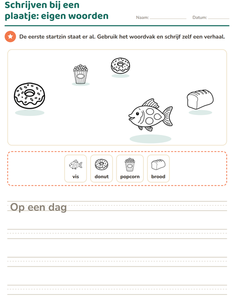 Voorbeeld van het Schrijven bij een plaatje-werkblad met Voedsel ZW voor groep 4