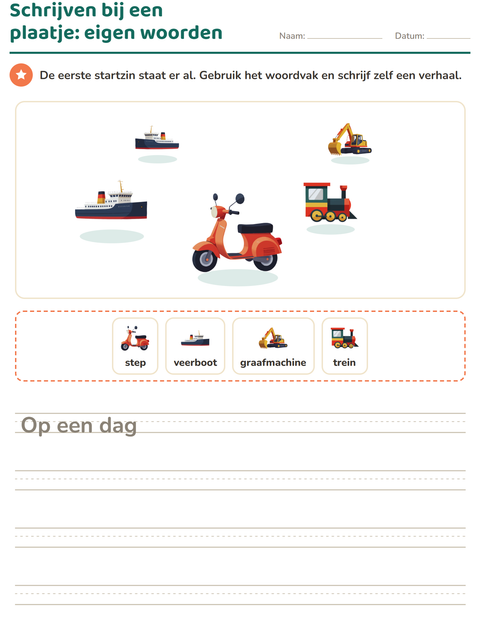 Voorbeeld van het Schrijven bij een plaatje-werkblad met Voertuigen voor groep 4