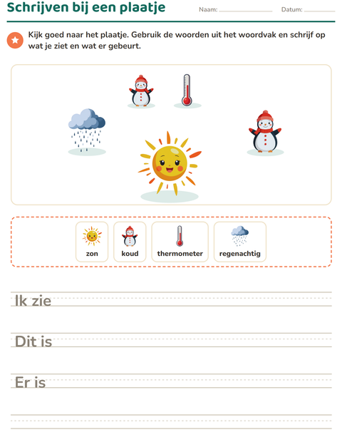 Voorbeeld van het Schrijven bij een plaatje-werkblad met Weer voor groep 4