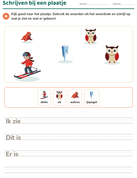 Voorbeeld van het Schrijven bij een plaatje-werkblad met Winter voor groep 4