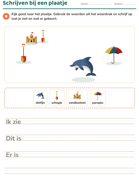 Voorbeeld van het Schrijven bij een plaatje-werkblad met Zomer voor groep 4