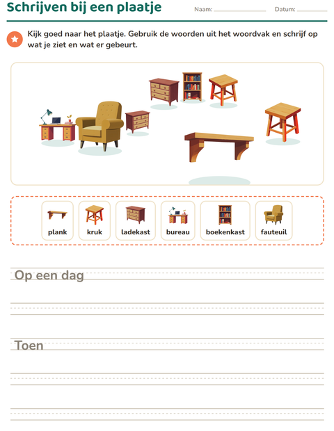 Voorbeeld van het Schrijven bij een plaatje-werkblad met Meubels voor groep 4