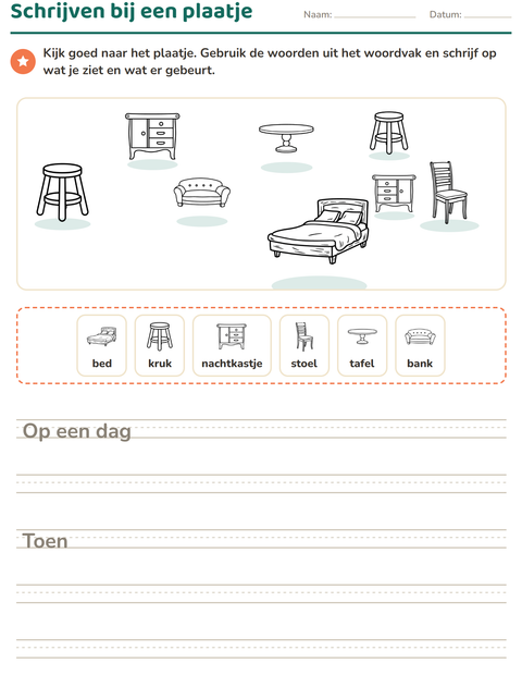 Voorbeeld van het Schrijven bij een plaatje-werkblad met Meubels ZW voor groep 4