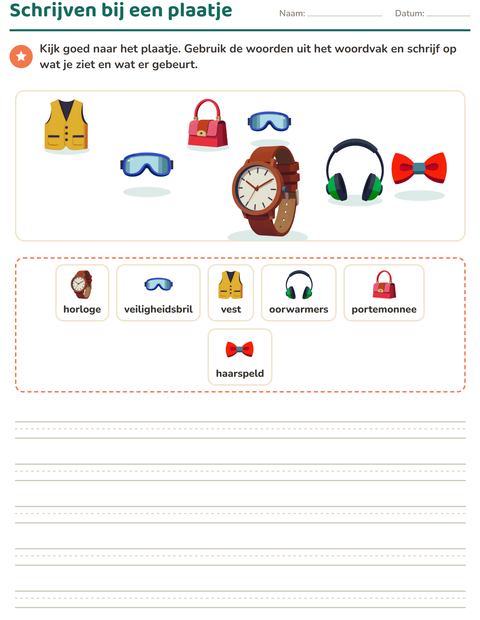 Voorbeeld van het Schrijven bij een plaatje-werkblad met Accessoires voor groep 4