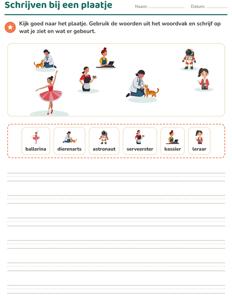 Voorbeeld van het Schrijven bij een plaatje-werkblad met Beroepen voor groep 4