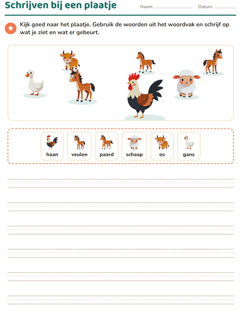 Voorbeeld van het Schrijven bij een plaatje-werkblad met Boerderijdieren voor groep 4