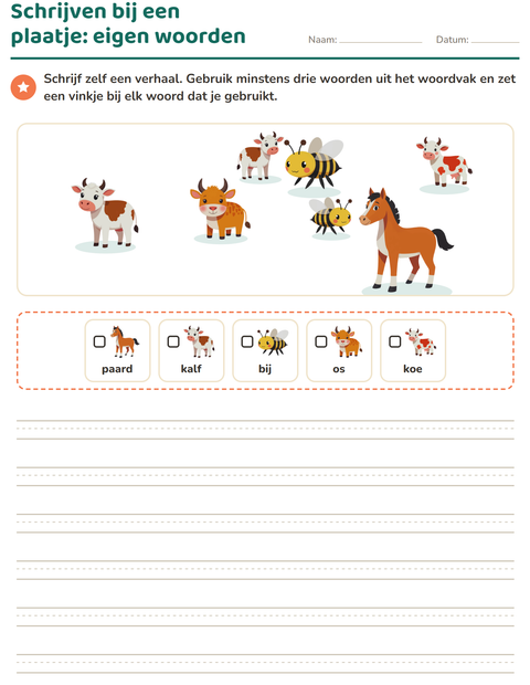 Voorbeeld van het Schrijven bij een plaatje-werkblad met Boerderijdieren voor groep 4