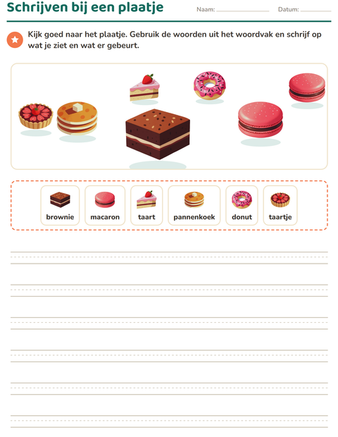 Voorbeeld van het Schrijven bij een plaatje-werkblad met Desserts en snoep voor groep 4